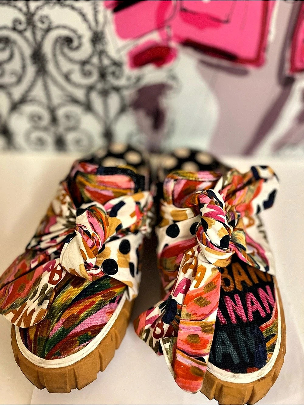 Farm Rio Banana Tropical Print Bow Platform Mules Women's US 8 EU 39 Lug Sole